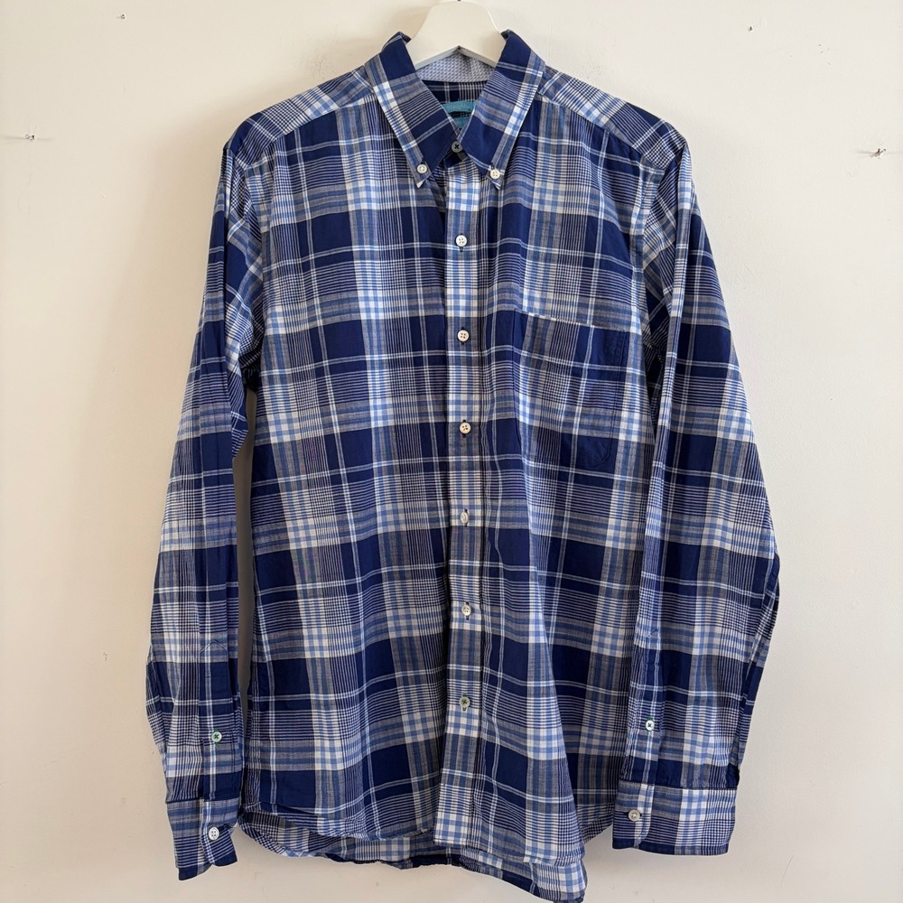 J.McLaughlin Mens Modern Fit Blue White Plaid Cotton Button Down Shirt Size M